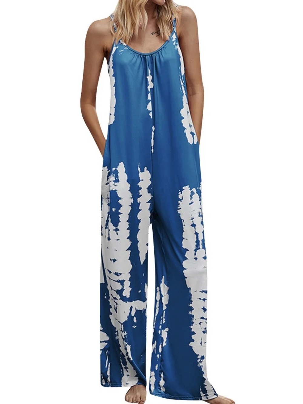 Blue Tie-Dye Sleeveless Wide-Leg Jumpsuit